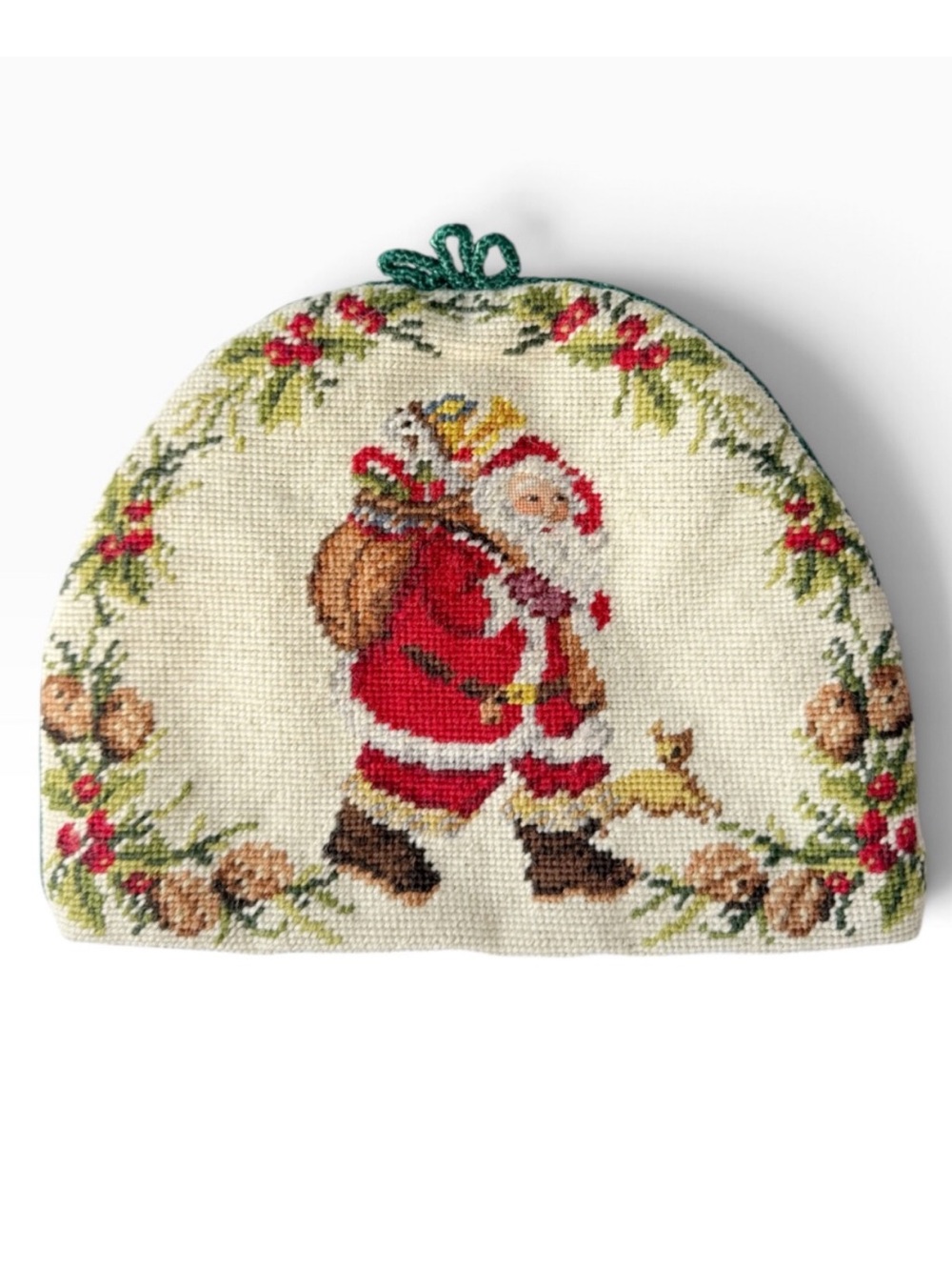 Vintage Needlepoint Santa Claus Holly Toaster Cover Velvet Back Christmas Decor